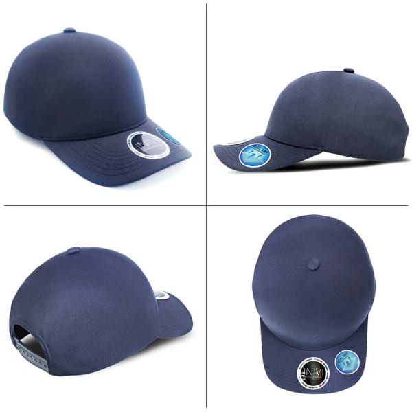 A navy blue cap made from 100% polyester with a logo on the side and back. Features a structured design.