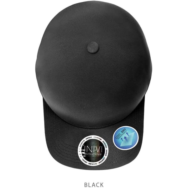 A black cap made of 100% polyester with a rounded crown and a flat brim, featuring a logo.