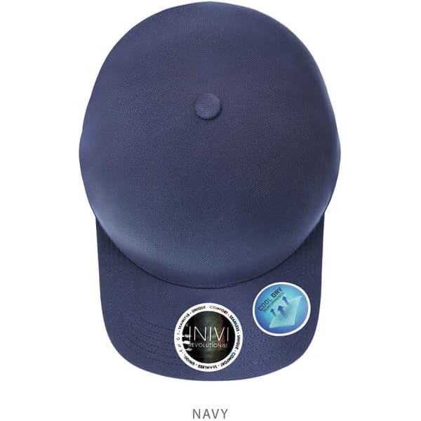 A navy cap made of 100% polyester with a circular logo and a smooth, structured design.