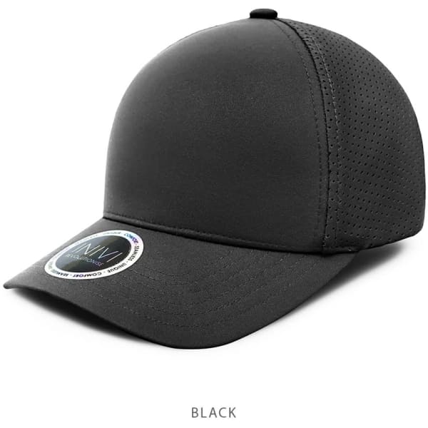A black premium nylon cap with a structured design and perforated panels, featuring a logo on the side.