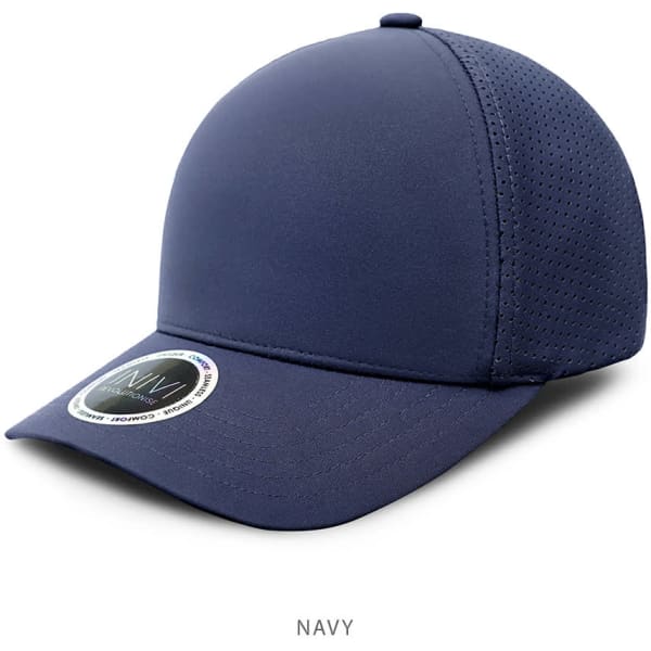 A navy premium nylon cap with a rounded peak and perforated side panels. It features a logo on the front.