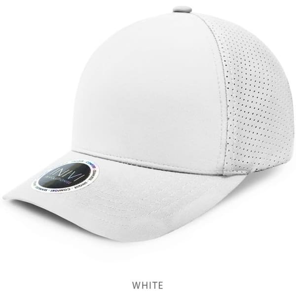 A white premium nylon cap with a perforated design and a logo on the side.