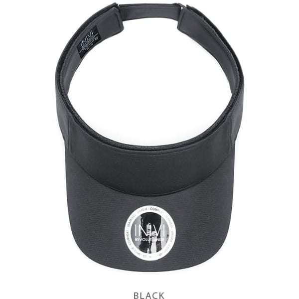 A black visor with a removable sweat band and a logo on the front.