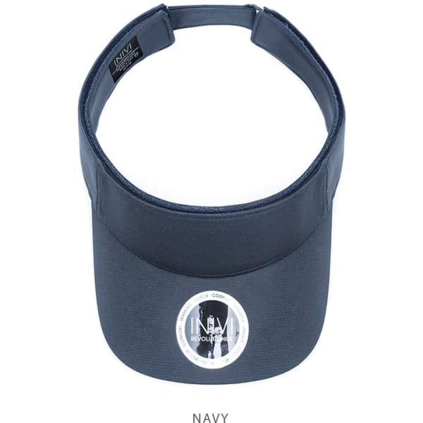 A navy visor with a removable sweat band, featuring a logo on the front.