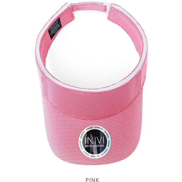 A pink visor with a removable sweat band, featuring a logo on the front.
