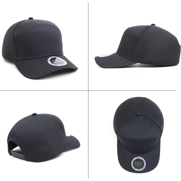 A black polycotton cap featuring a structured three-panel design and a branding logo on the front.