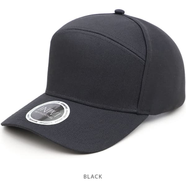 A black polycotton cap featuring a structured three-panel design and a circular logo.