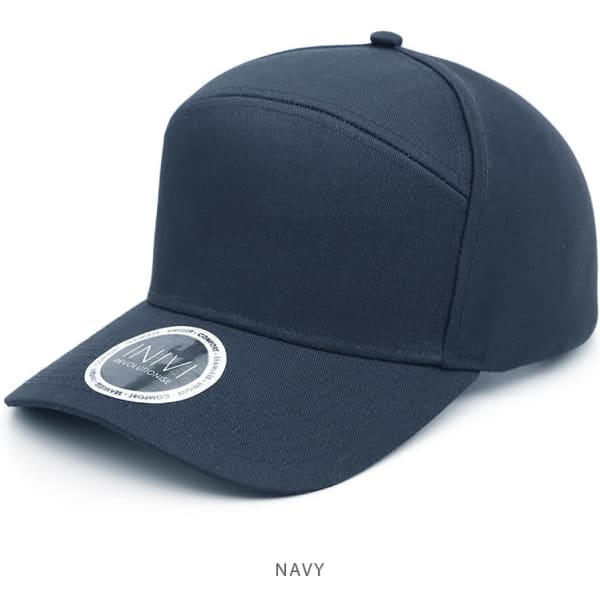 A navy cap with a three-panel design and a branded logo on the front.
