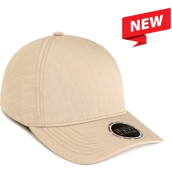 A beige cap made from 100% RPET, featuring a round brim and a logo on the side.