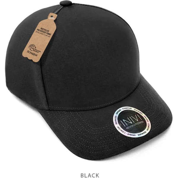 A black cap made from 100% recycled PET, featuring a logo and a hangtag.
