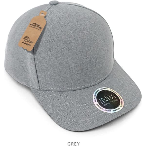 A grey cap made from 100% RPET material, featuring a tag and a logo on the front.