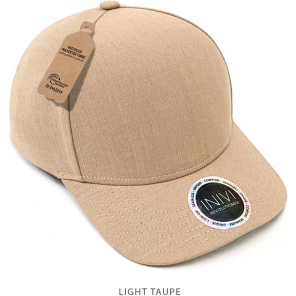 A light taupe cap made from 100% RPET, featuring a round logo and a tag attached.