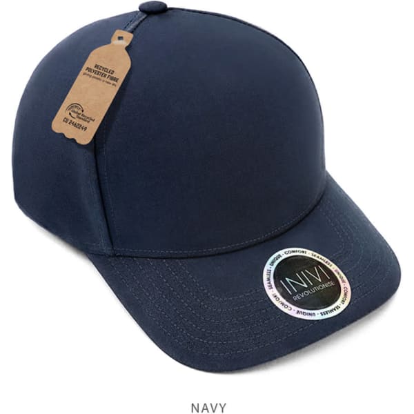 A navy cap made from 100% recycled PET with a circular badge and a hang tag.