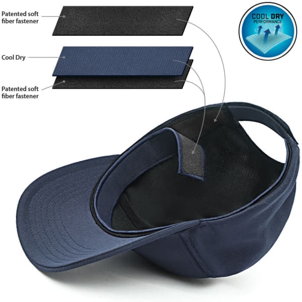 A navy Bamboo Cap with a patented soft fibre fastener and Cool Dry performance features. Interior details visible.