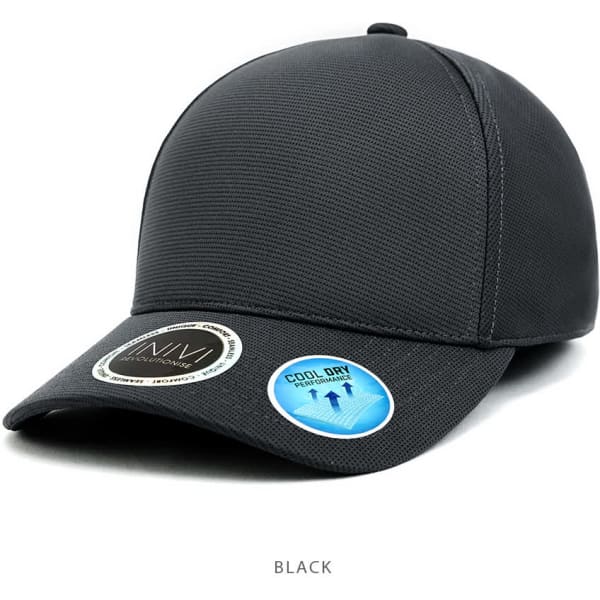 A black cap with a textured design and two circular badges, one featuring a logo and the other labelled 'Cool Dry'.