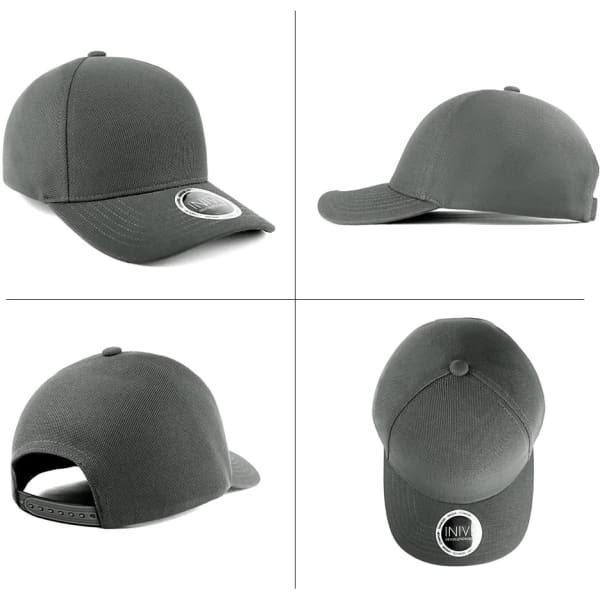 A grey cap displayed from multiple angles, featuring a logo on the side and a snapback closure at the rear.