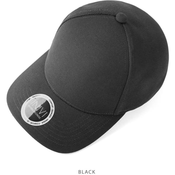 A black cap with a rounded crown and a branded logo on the side, positioned on a white background.