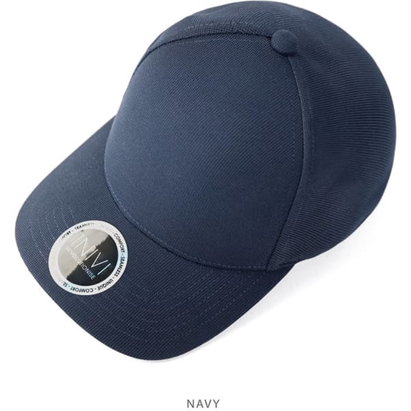 A navy cap with a rounded top and a logo on the brim. It features a textured fabric design.