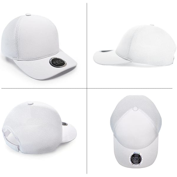 A white cap made of polyester and mesh, featuring a circular logo on the front. Multiple angles displayed.