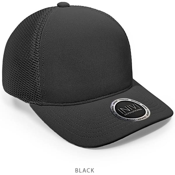 A black mesh cap featuring a circular logo and a structured brim. The body is made from polyester.