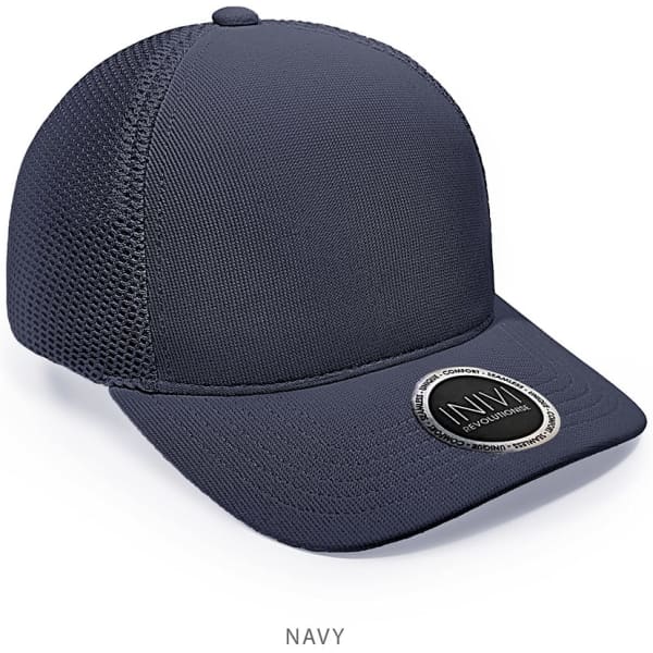 A navy cap featuring a polyester and mesh design, complete with a branded logo.