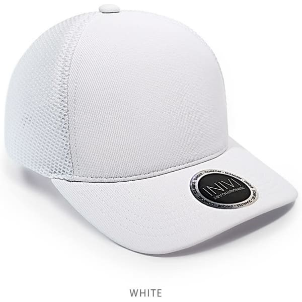 A white cap featuring a mesh design and a circular logo on the front.