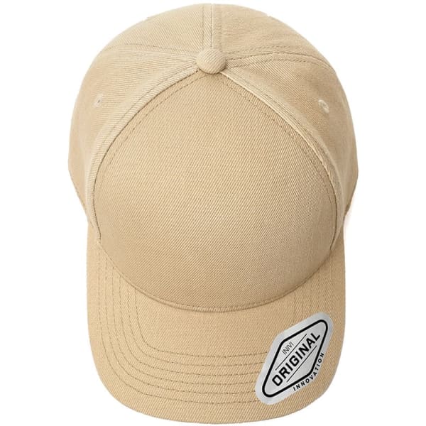A beige cap with a curved brim and a logo on the side. The cap has a classic design.