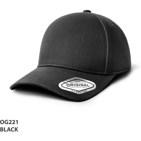 A black cap with a curved brim and a logo patch on the front. The material appears textured.