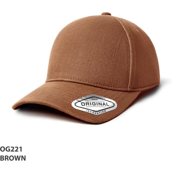 A brown cap with a curved brim and a logo on the front, featuring a plain design.