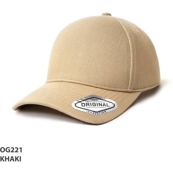 A khaki baseball cap with a curved brim and a logo on the front.