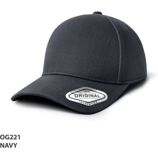 A navy baseball cap with a curved brim and a logo on the front. It features a textured fabric design.