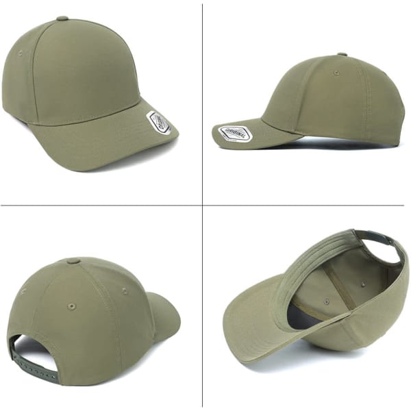 A khaki cap featuring a structured design, showcasing various angles including the front, side, and inside view, with a logo.