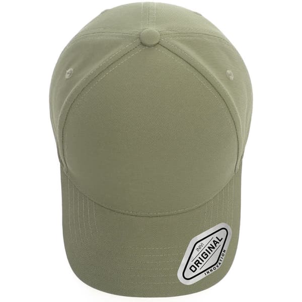 A green cap with a rounded top and a logo patch on the side.