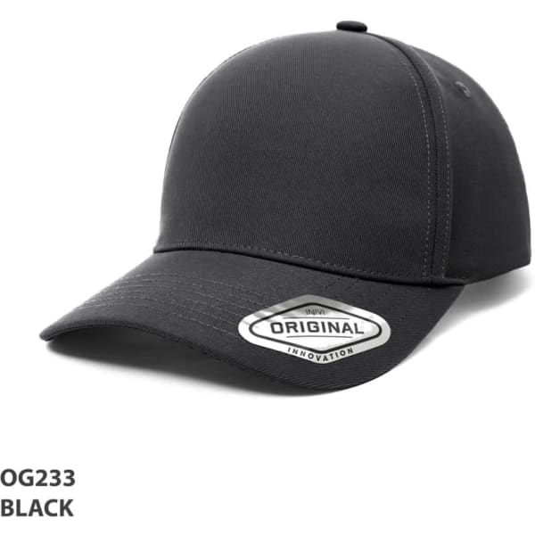 A black cap with a curved brim and an attached logo badge on the front.