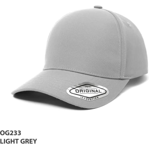A light grey cap featuring a rounded brim and a logo badge on the side.