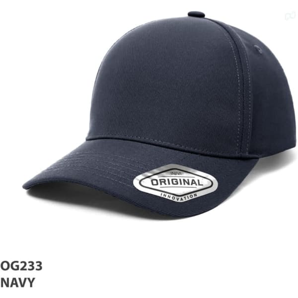 A navy blue cap with a curved brim and an attached logo badge.