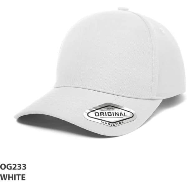 A white cap with a rounded peak and a logo on the side. The cap has a modern design.
