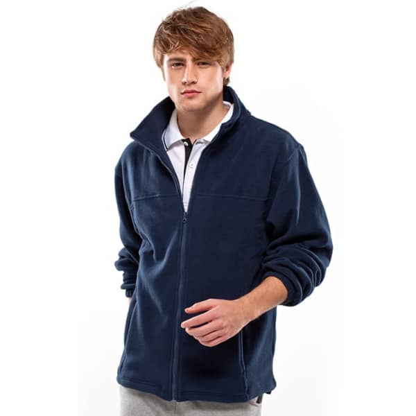 A navy polar fleece jacket with a high collar and zip, featuring a logo on the upper left side.