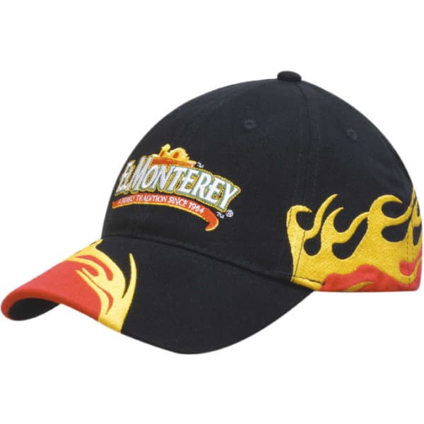 A black cap featuring a flame design in yellow and red with an embroidered logo on the front and a curved peak.