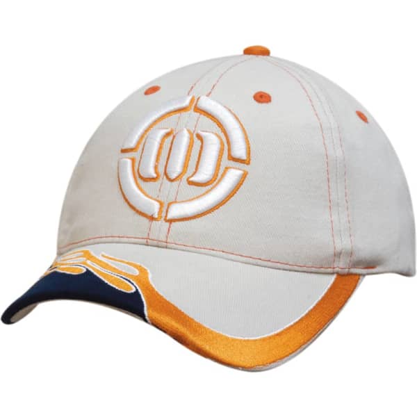 A beige cap with blaze orange embroidery on the peak and contrasting stitching. It features a logo on the front.