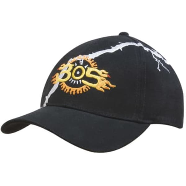 A black cap featuring lightening bolt embroidery and a logo in yellow and orange.