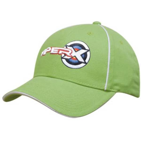A green cap with a rounded peak and front panels, featuring a logo on the front.