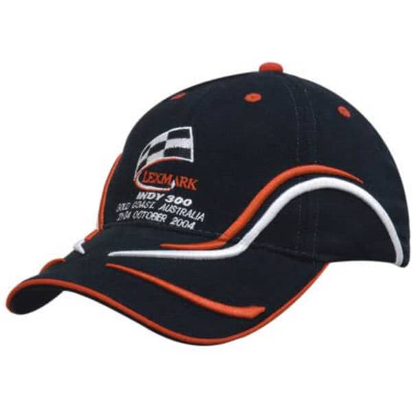 A navy cap with running line embroidery in white and orange, featuring a logo on the front.