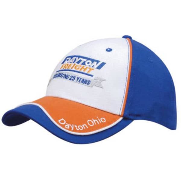 A cap featuring a white front panel, blue sides, and orange piping, with a logo on the front.