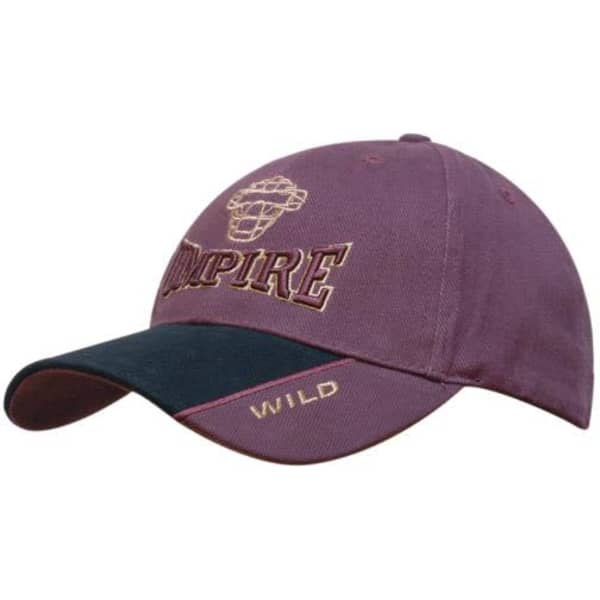 A cap in burgundy and navy blue with a logo and embroidered text on the front.