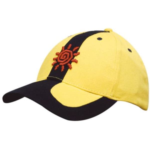 A yellow and black cap featuring a sun logo. The cap has a curved peak and a traditional design.