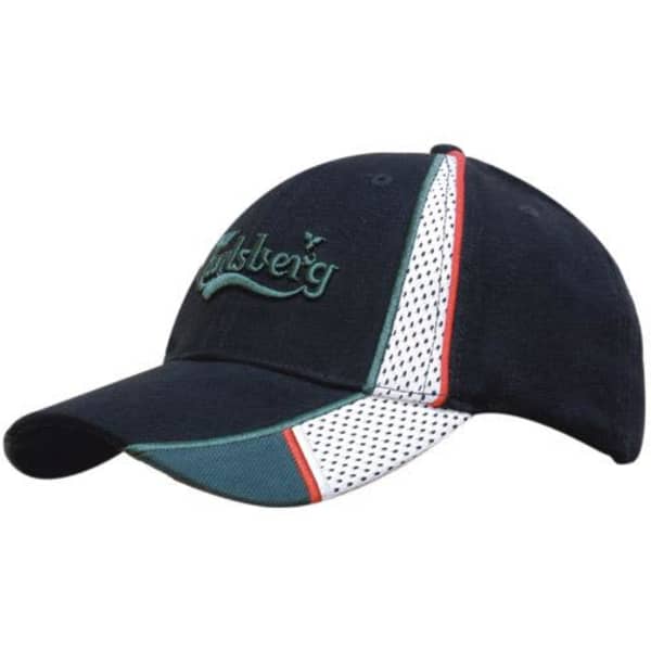 A navy cap featuring peak and crown mesh inserts in green, red, and white, with a logo on the front.