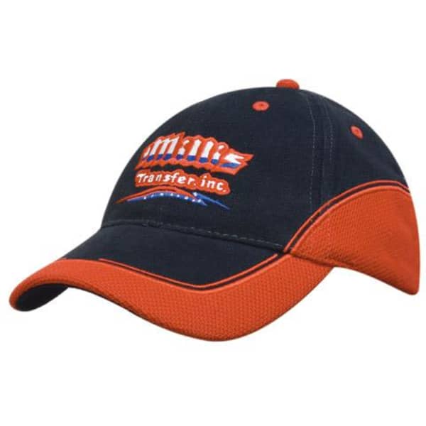 A navy blue cap with an orange mesh peak and crown inserts, featuring a logo on the front.