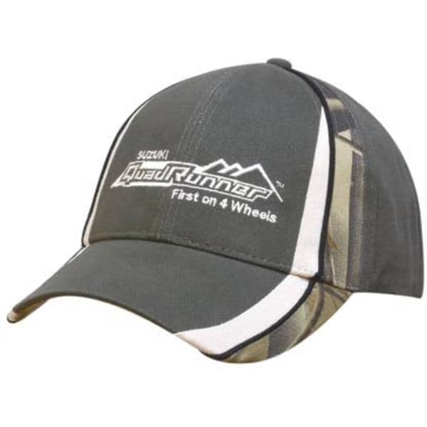 A grey cap with camouflage peak and crown inserts, featuring a logo on the front.