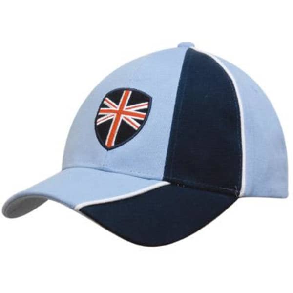 A cap featuring a light blue and navy design with a logo and contrasting piping.